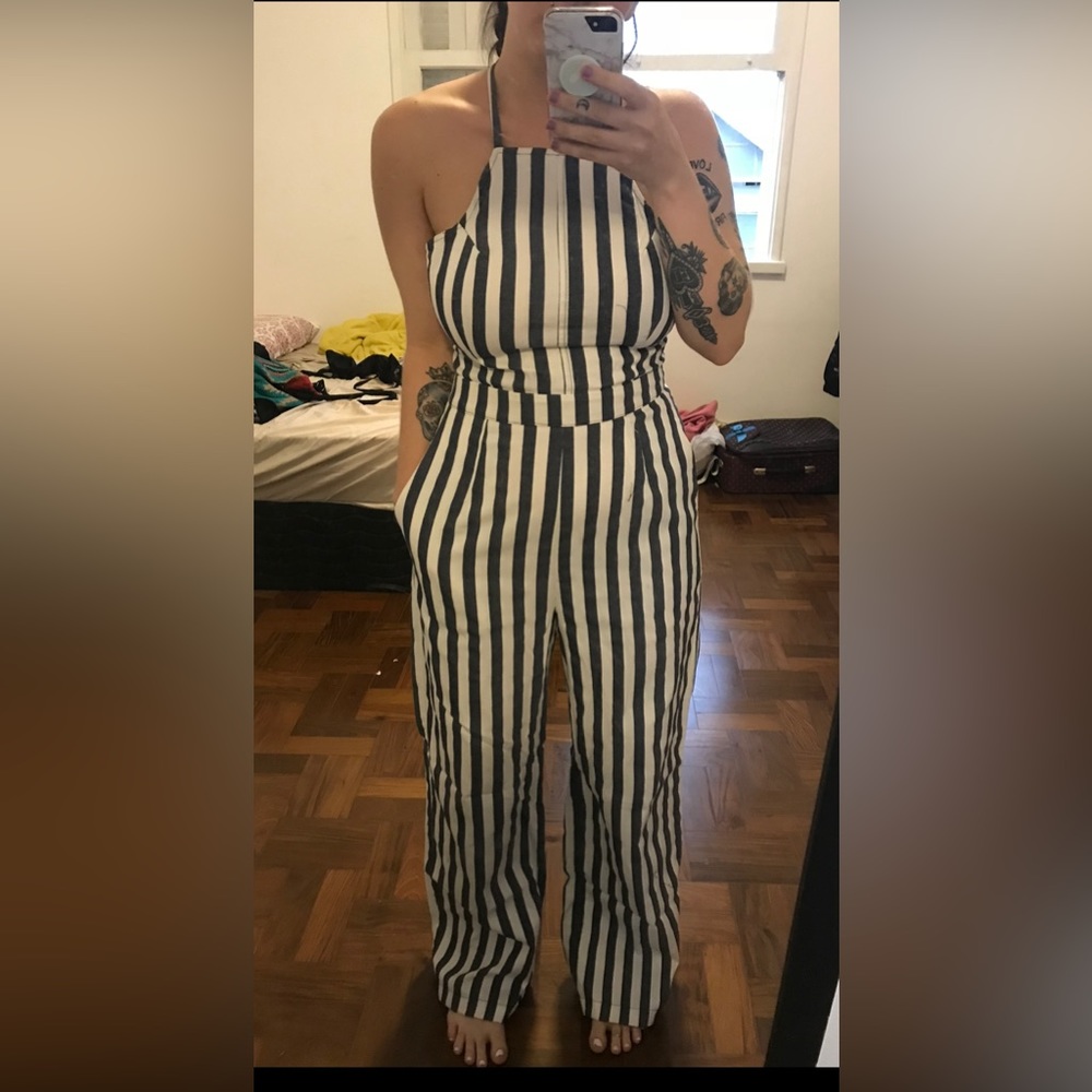 Blue and white striped jumper